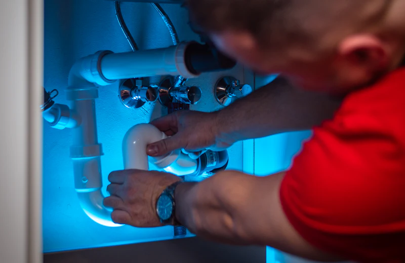 Technician repairing an RO water purifier under a kitchen sink