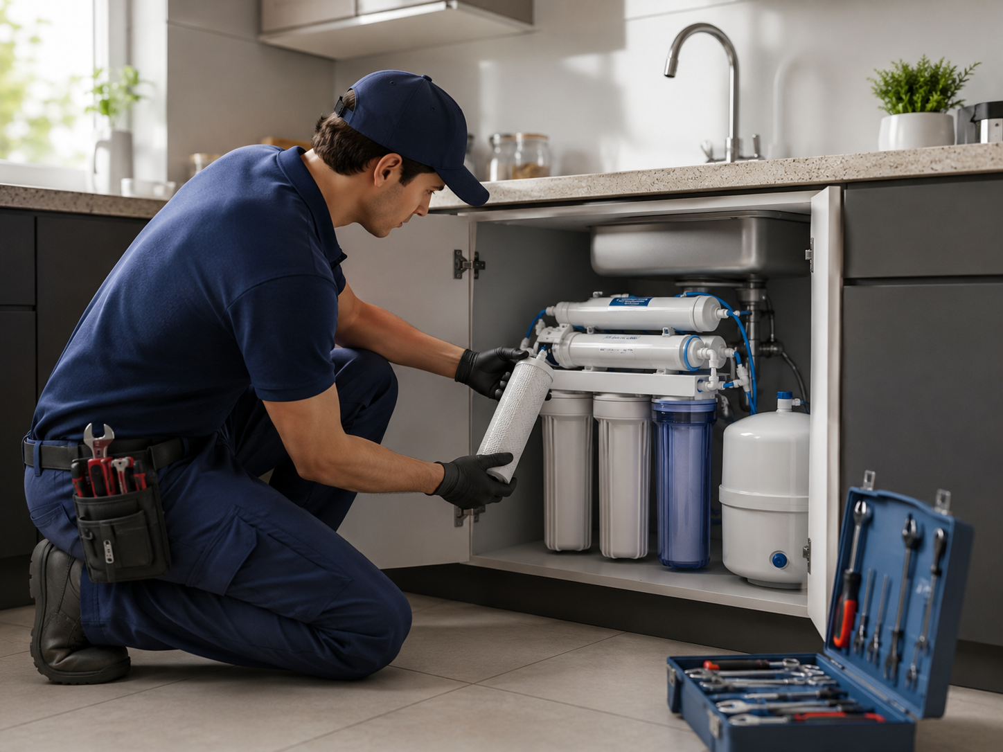 RO service technician repairing water pipework at a customer home in New Delhi